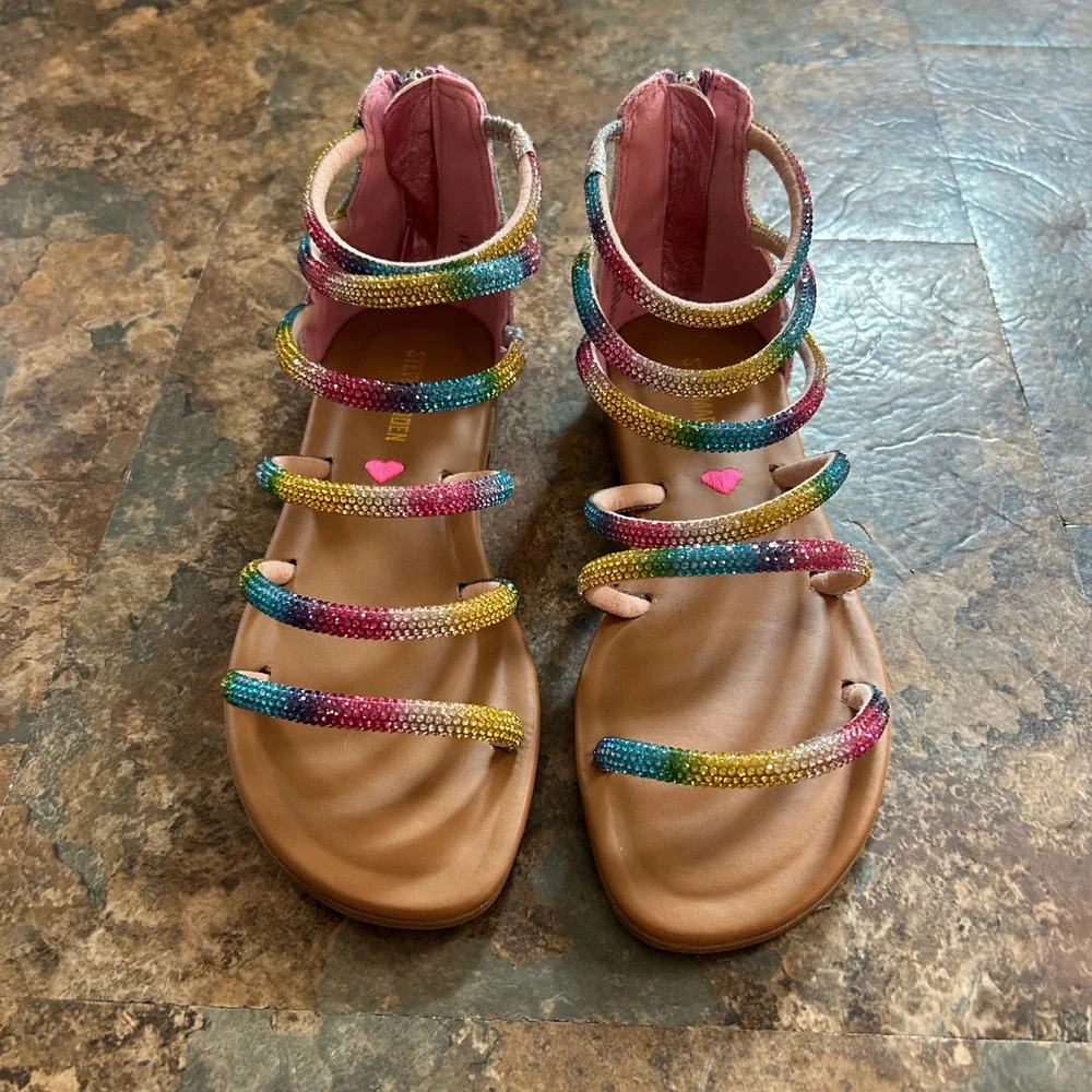 Steve Madden Sandals Girls Size 2 Rainbow Sparkly Open Toe Shoes Tassel